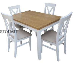 Prowansalski stół z 4 białymi krzesłami 120x80 +40
