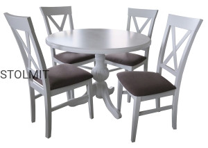 Okrągły biały stół na jednej nodze z 4 krzesłami