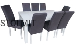 Stół biały połysk z 8 eleganckimi krzesłami komin